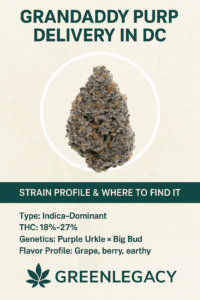 Green Legacy DC promotional graphic for Grandaddy Purp delivery, featuring a close-up of the cannabis bud, strain details including THC percentage, genetics, and flavor profile, with the Green Legacy logo at the bottom.