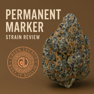 Permanent Marker cannabis bud with trichomes and purple hues next to Green Legacy dispensary logo on brown background