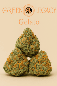 Gelato cannabis buds with frosty green texture and orange hairs, topped by the Green Legacy logo on a beige background.