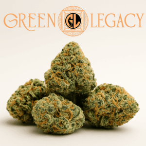 OG Kush cannabis buds stacked with frosty trichomes and bright orange hairs, topped by the Green Legacy logo on a soft beige background.