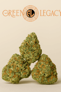 Sour Diesel cannabis buds with frosty trichomes and orange pistils beneath the Green Legacy logo on a beige background.