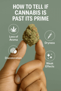 Close-up of hand holding cannabis bud with infographic icons showing signs of old weed: loss of aroma, discoloration, dryness, and weak effects