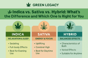 Infographic comparing indica, sativa, and hybrid cannabis types with icons and descriptions for effects and usage