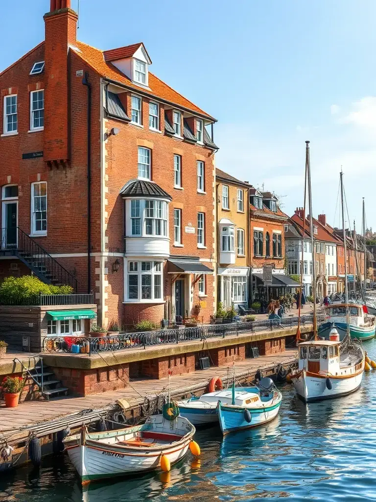 A photograph of a historic building in Georgetown, Washington DC, with people enjoying the waterfront and local businesses.