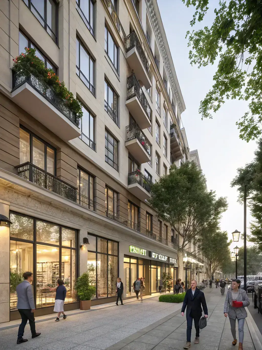 A photograph of a street corner in Adams Morgan, Washington DC, showcasing the neighborhood's vibrant atmosphere with local shops and residents walking by.