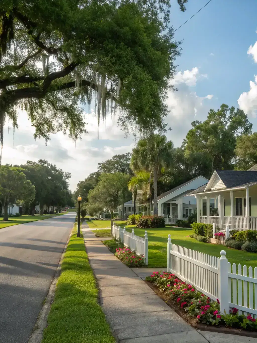 A photograph of a peaceful residential street in Chevy Chase DC, with well-maintained homes and lush greenery.