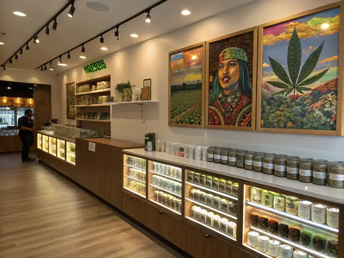 An assortment of cannabis-infused edibles, including gummies, chocolates, and baked goods, arranged on a display shelf with clear labeling indicating dosage and flavor profiles, in a modern and inviting dispensary environment.