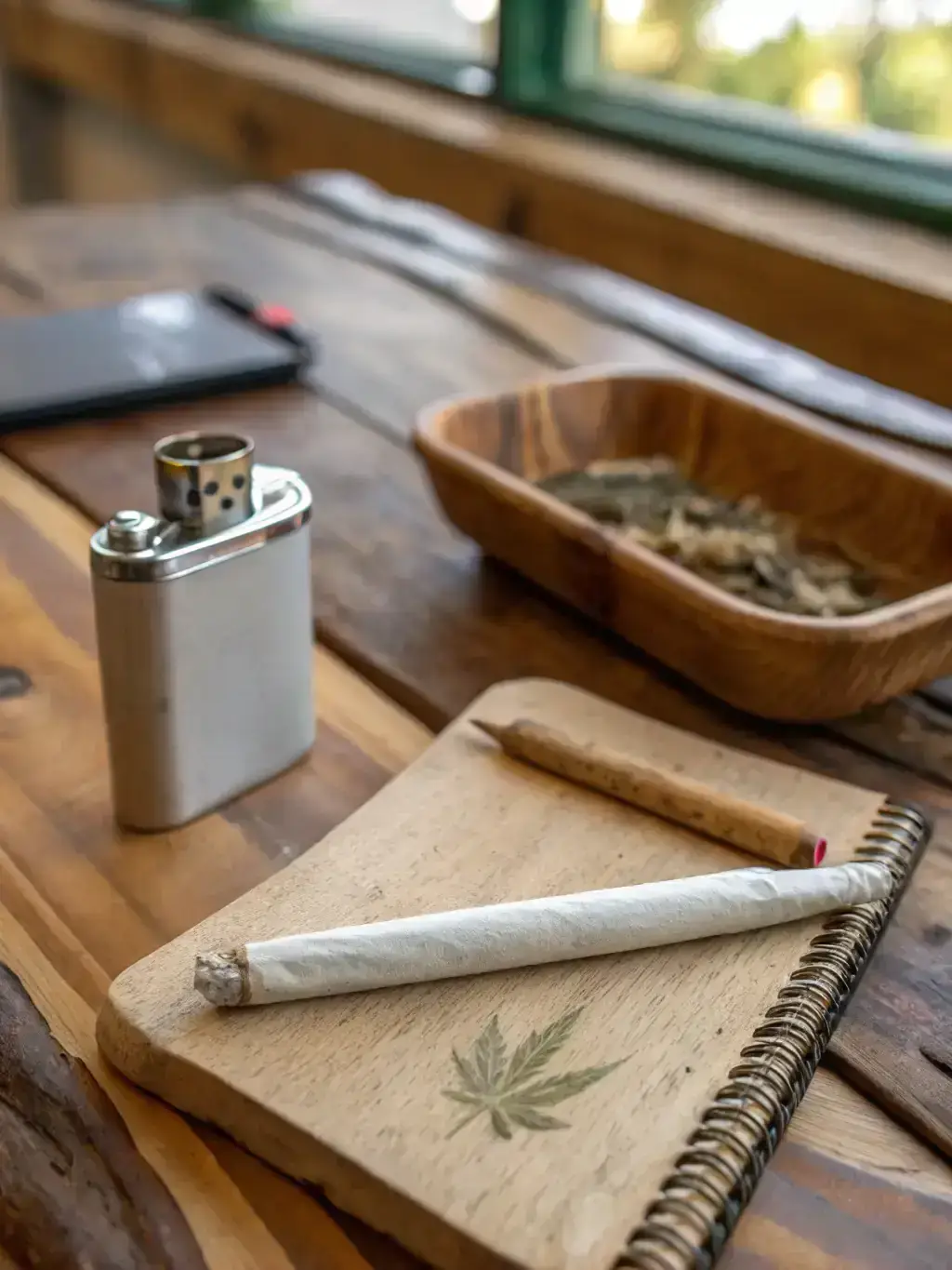 A neatly rolled pre-roll joint placed on a wooden surface, with a Green Legacy branded lighter beside it, emphasizing the convenience and quality of their pre-rolls.