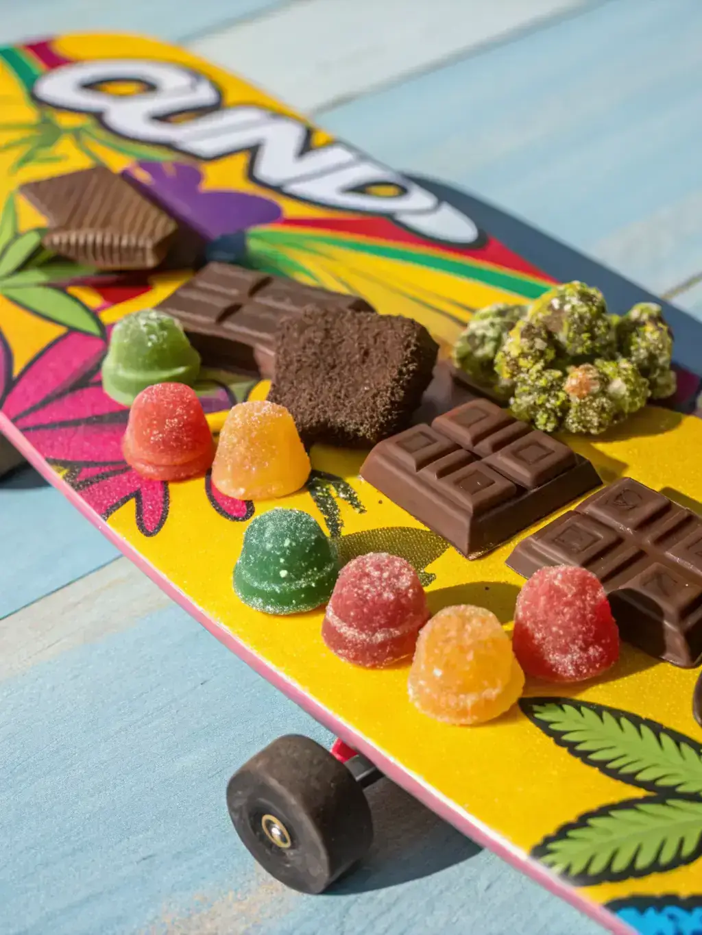 An assortment of cannabis-infused edibles, including gummies, chocolates, and baked goods, arranged on a display shelf at Green Legacy, showcasing the variety of options.