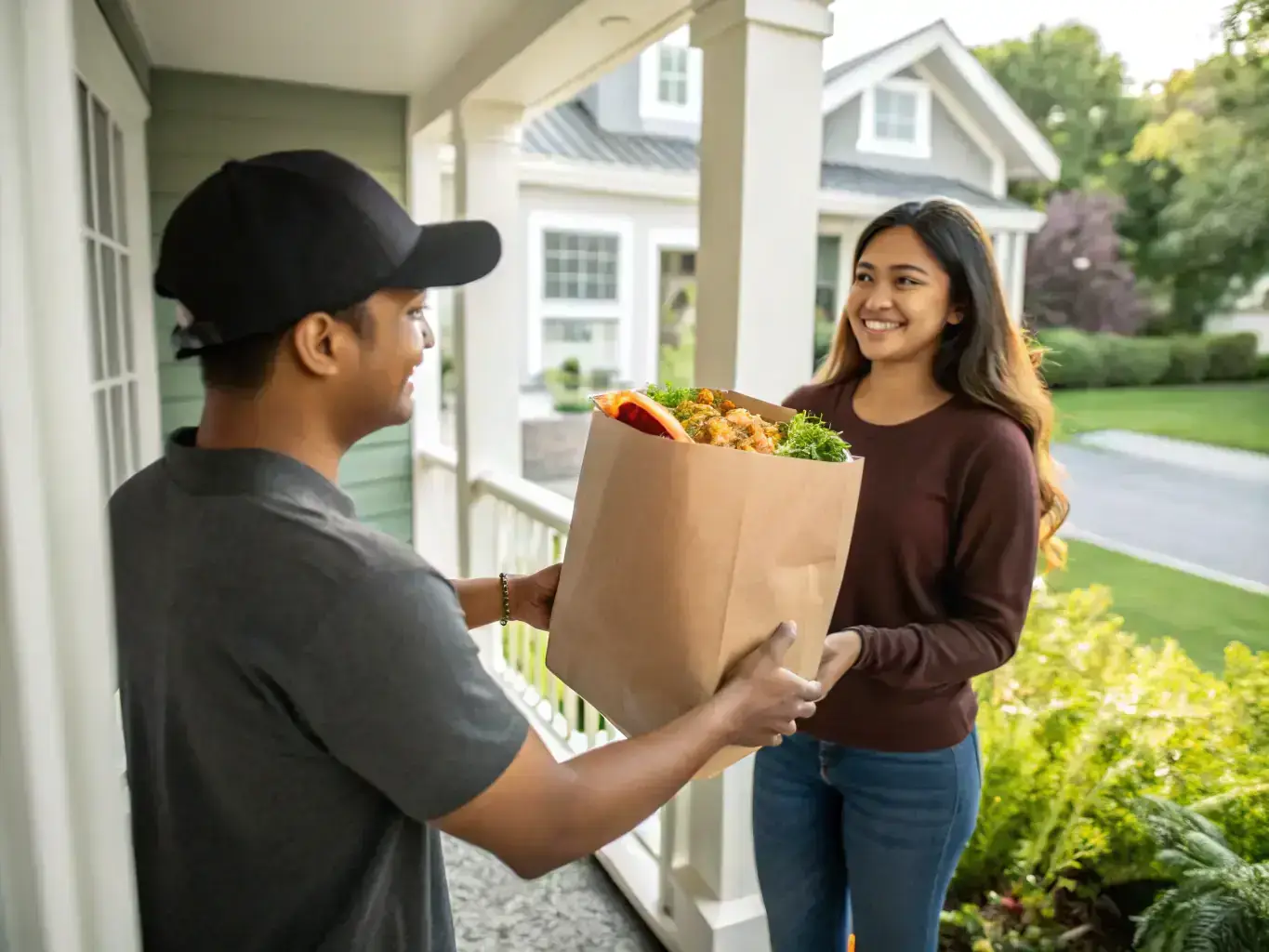 A delivery driver handing a Green Legacy branded bag to a customer at their doorstep, emphasizing convenience and reliability.